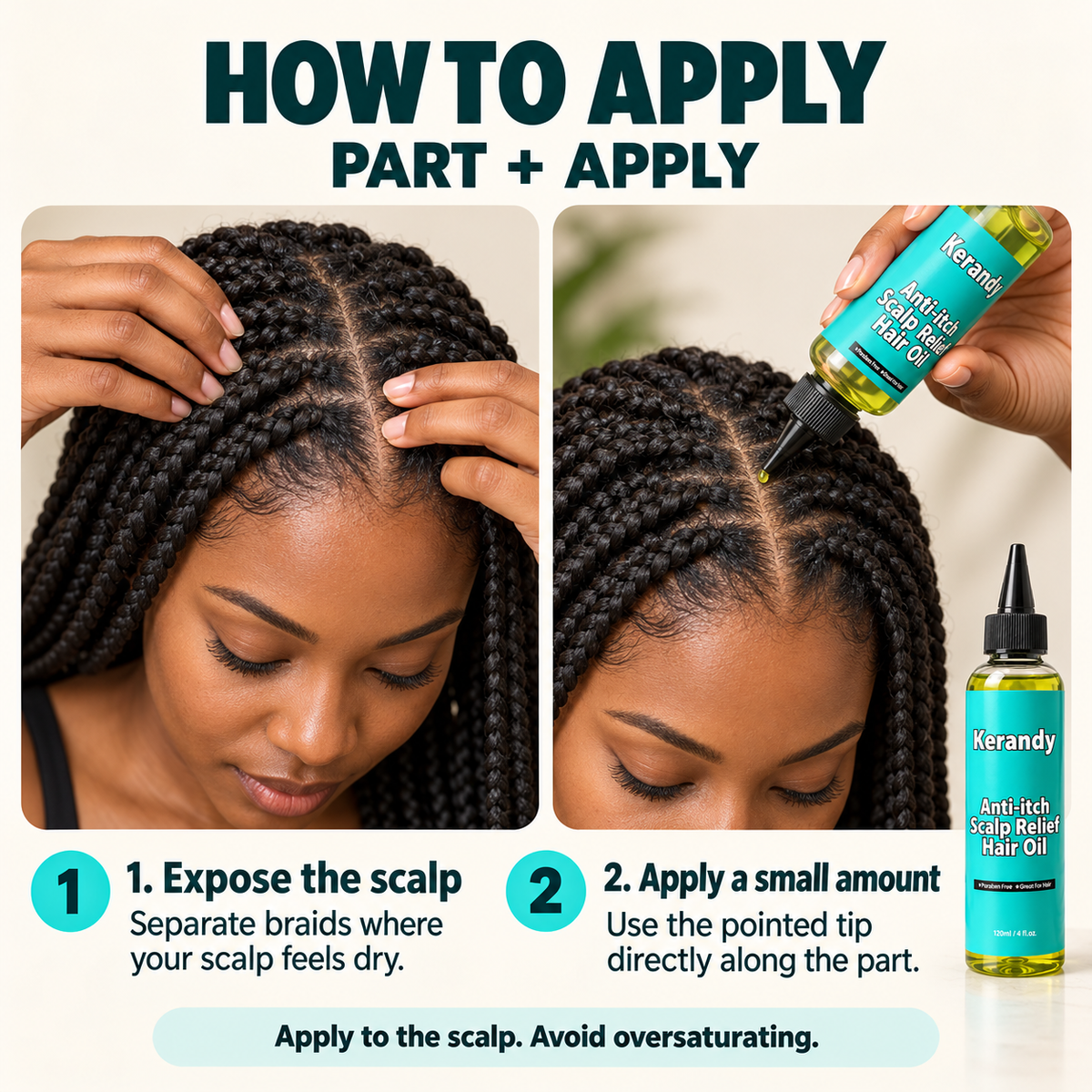 How to stop itchy braids: part the braids and apply oil to the scalp along the part