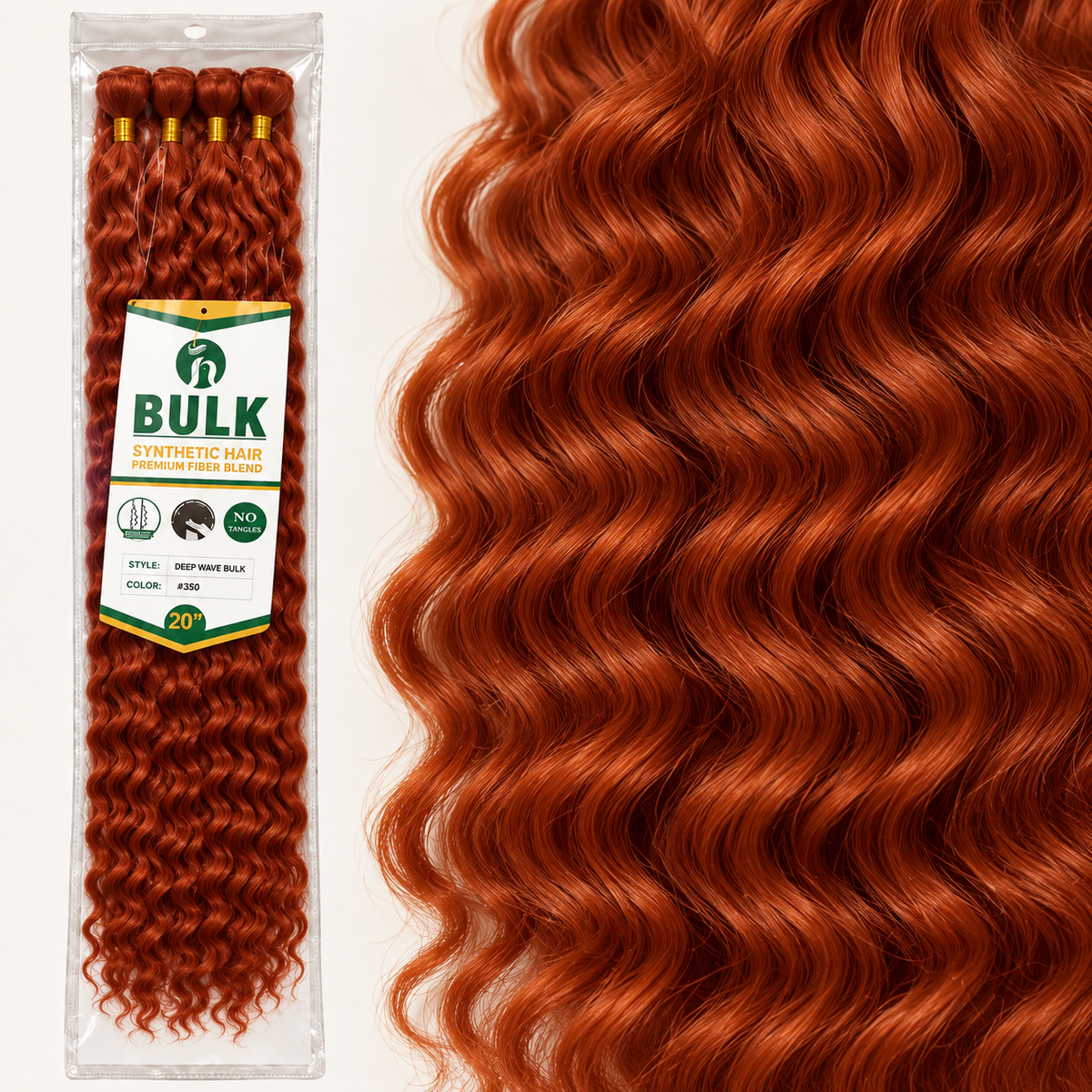 350 copper BULK deep wave hair package next to a close-up of the curl texture