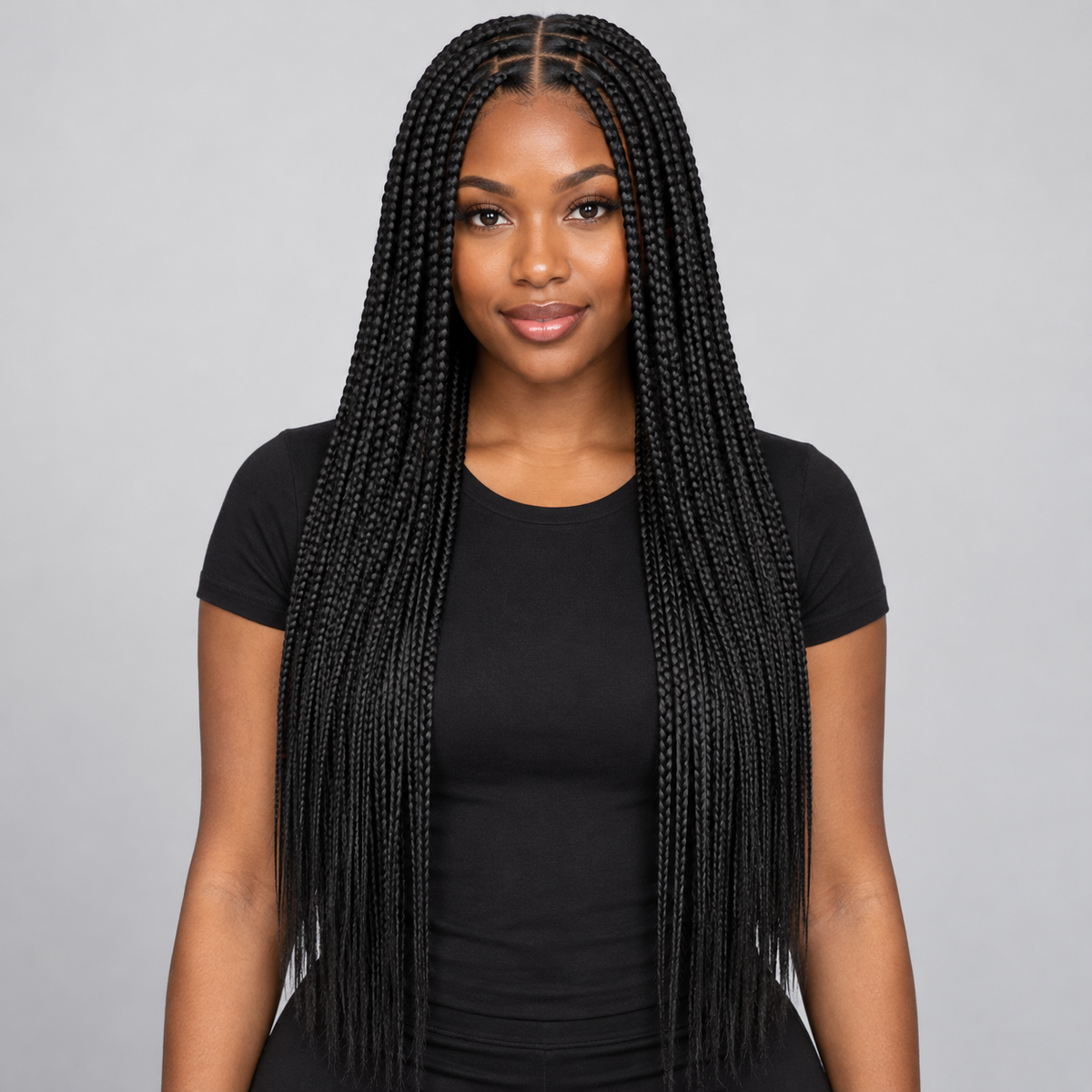 Styled look: long jet black box braids with a middle part