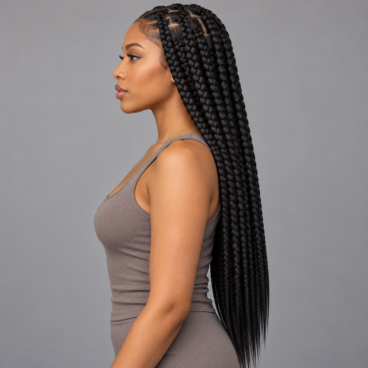 Side profile of long, large jet black box braids