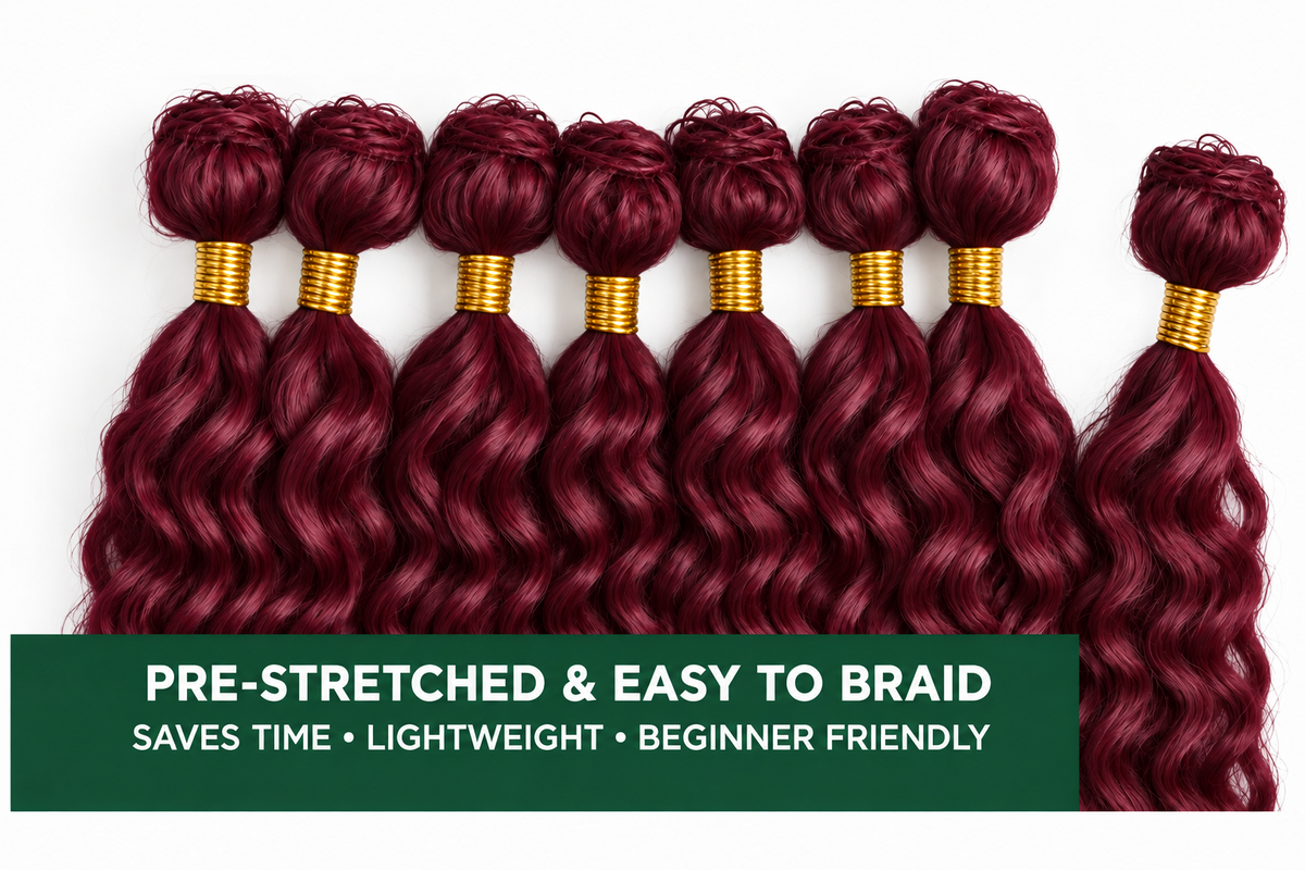 Burgundy BULK deep wave hair bundles, pre-stretched and easy to braid