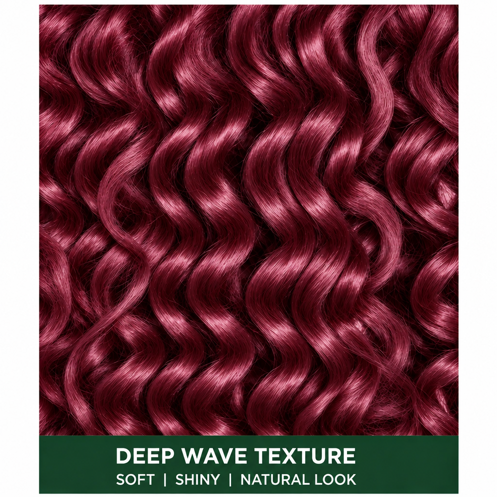 Close-up of burgundy deep wave curl texture for boho braids
