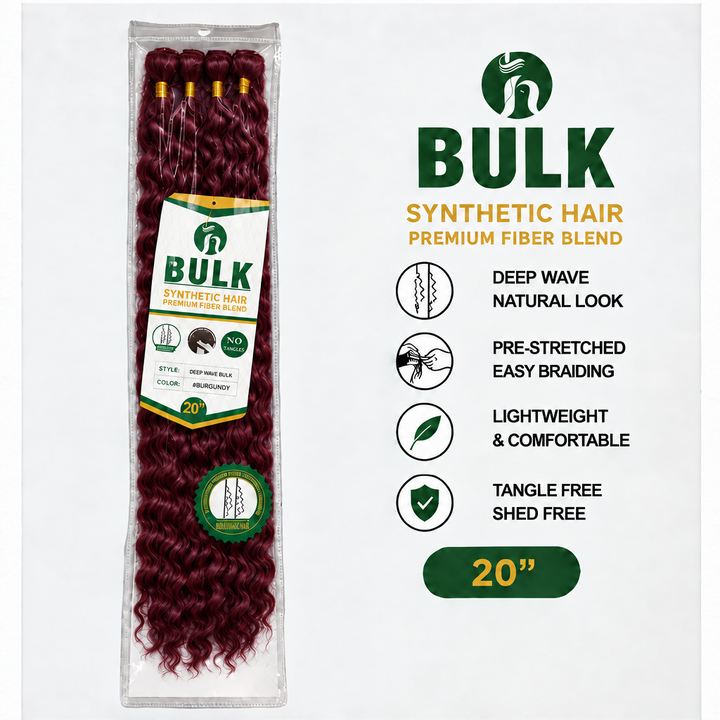 BULK Deep Wave synthetic boho hair 20 inch in burgundy, retail package