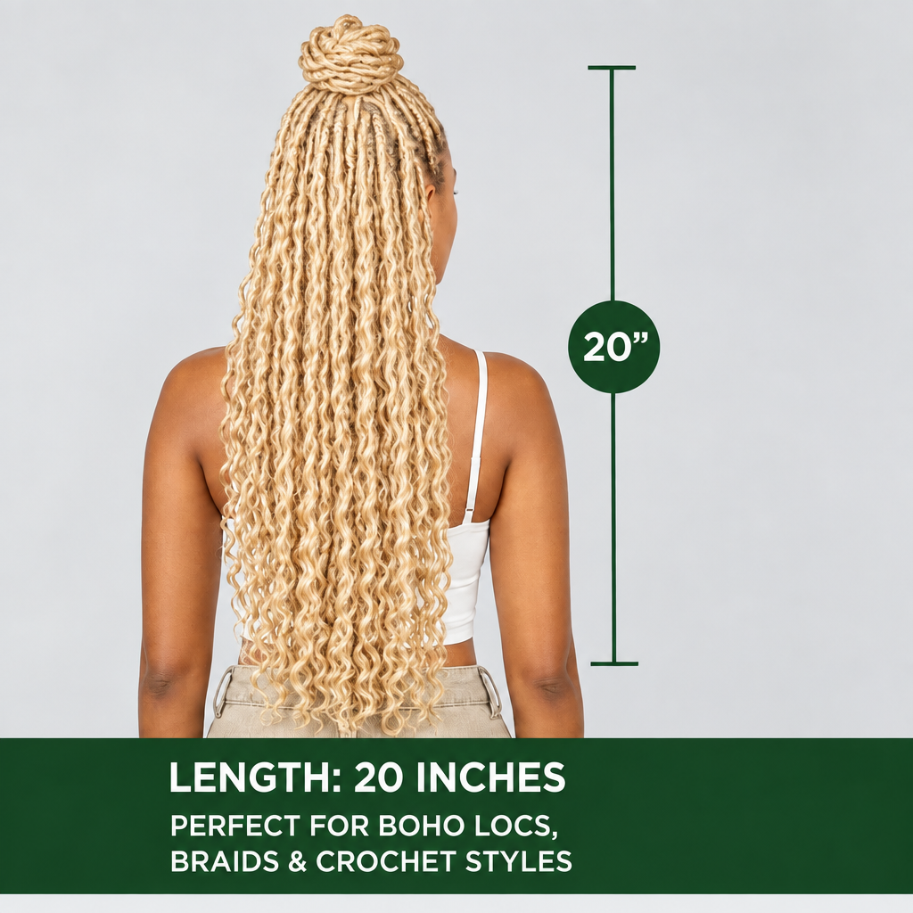 Back view of 20-inch 613 blonde boho locs made with BULK deep wave hair