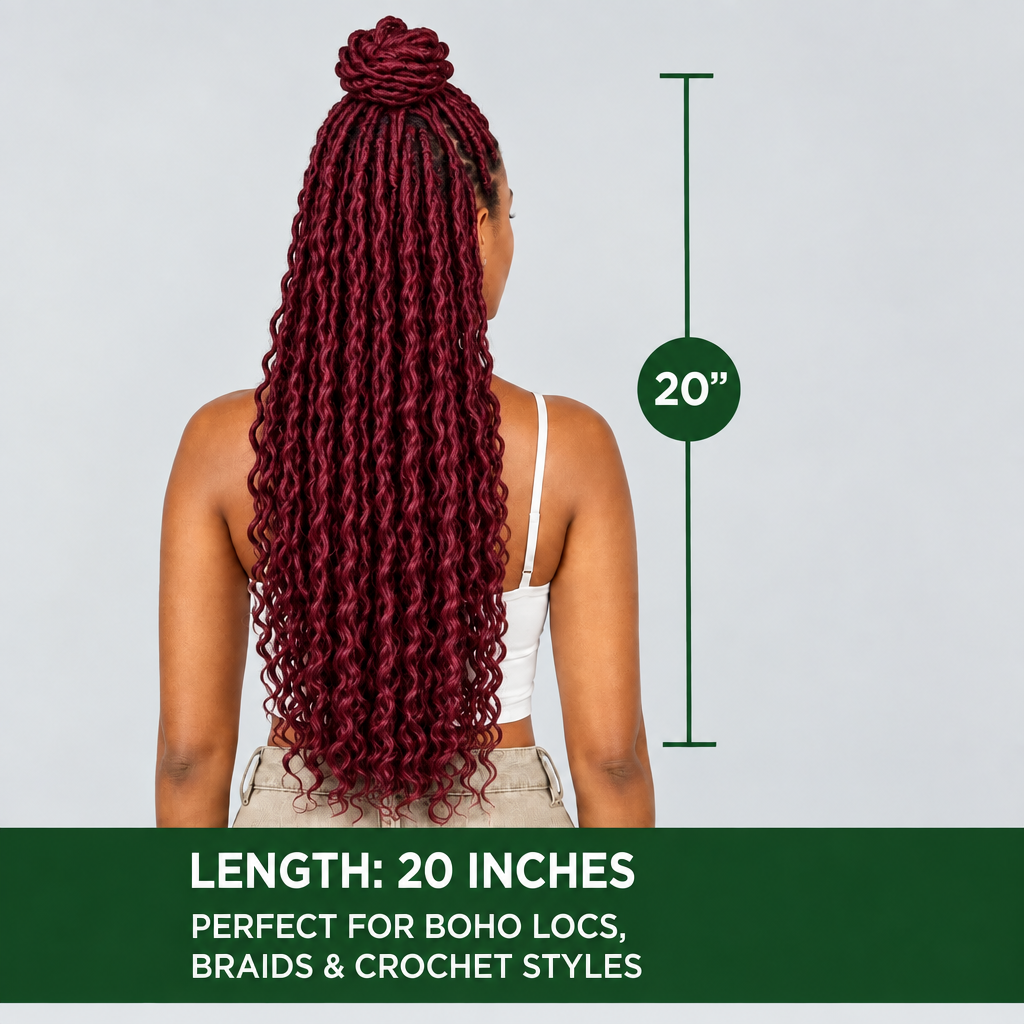 Back view of 20-inch burgundy boho locs made with BULK deep wave hair