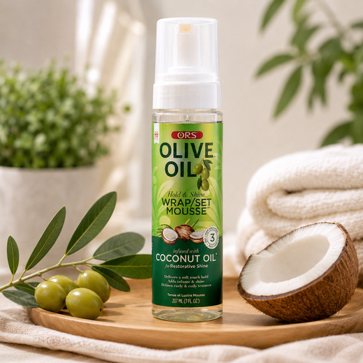 ORS Olive Oil Hold & Shine Wrap/Set Mousse – Coconut Oil, 7 fl oz