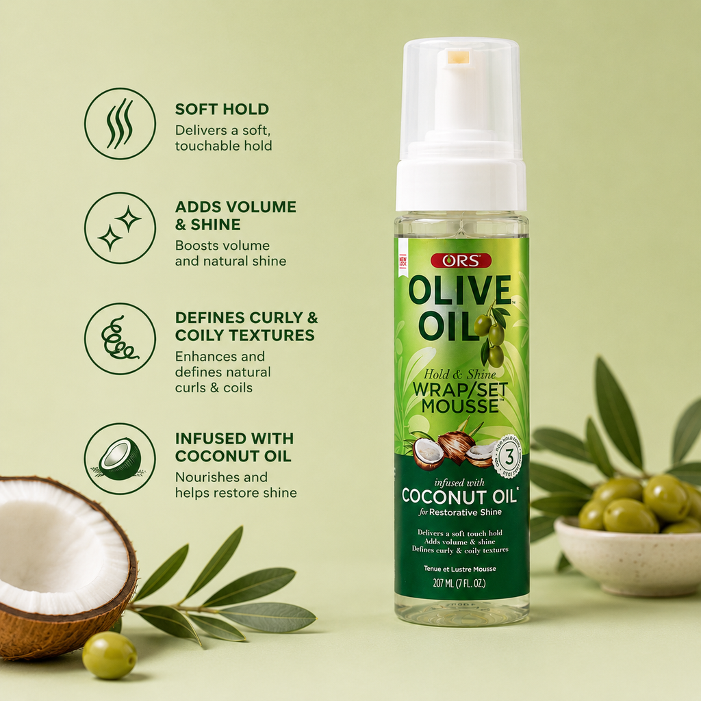 ORS Olive Oil Hold & Shine Wrap/Set Mousse – Coconut Oil, 7 fl oz