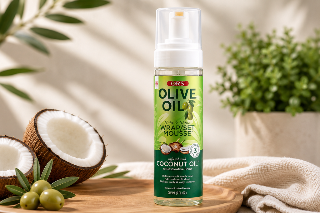 ORS Olive Oil Hold & Shine Wrap/Set Mousse – Coconut Oil, 7 fl oz
