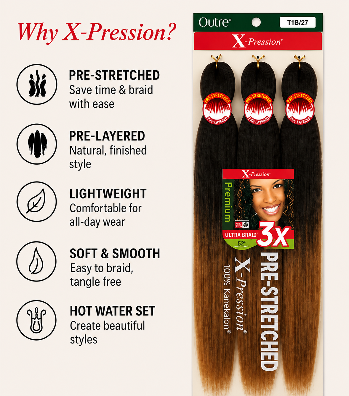 Outre X-Pression Ultra Braid 52" – Color T1B/27 Off-Black to Honey Blonde Ombré