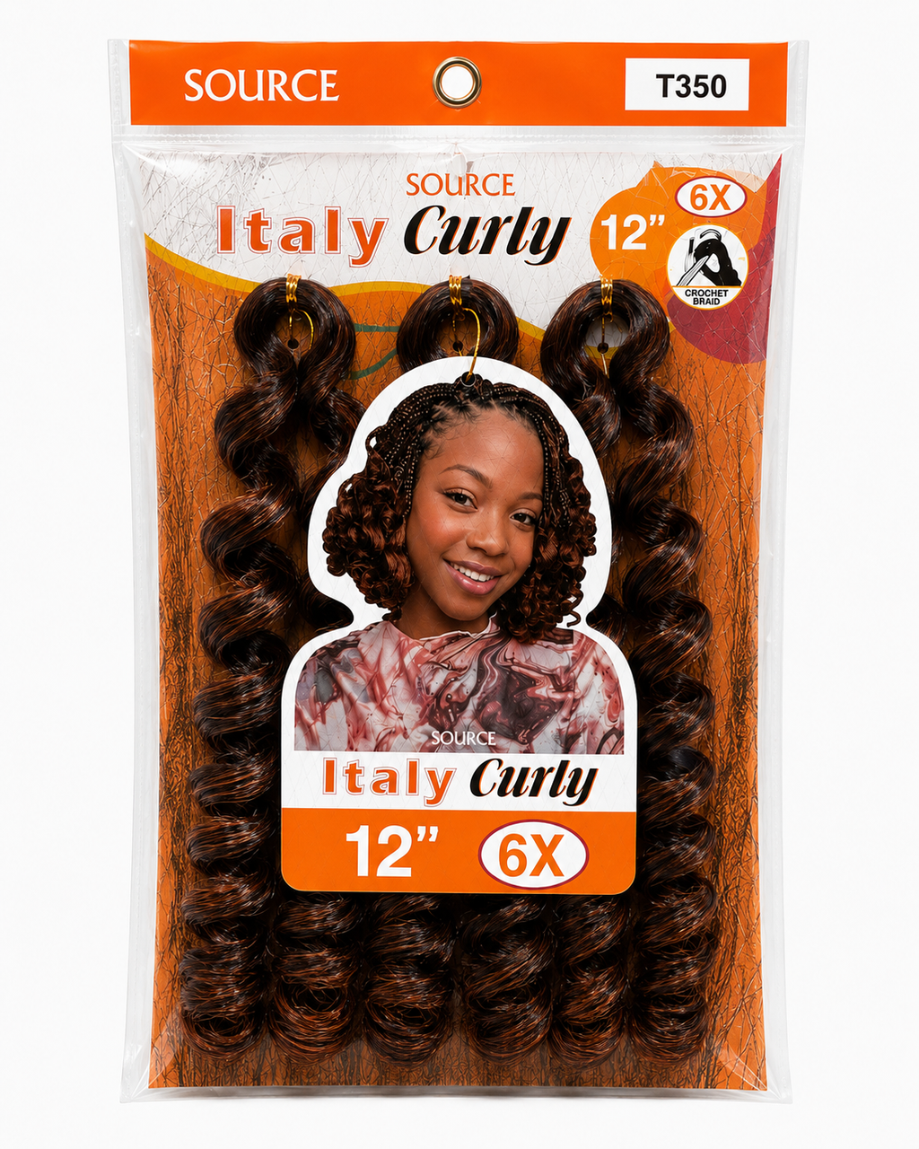 Source Italy Curly 6X crochet braid 12 inch in color T350, retail package