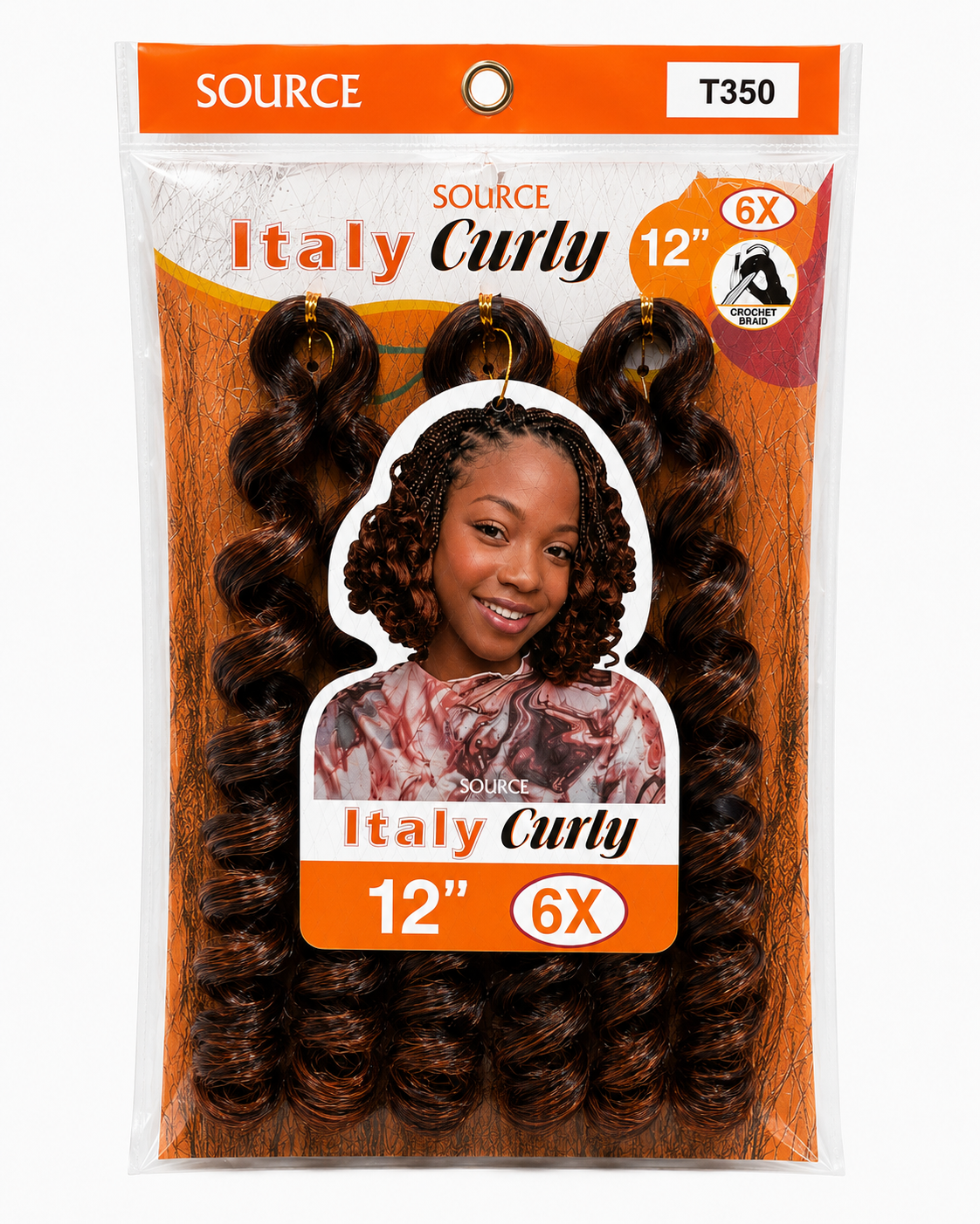 Source Italy Curly 6X crochet braid 12 inch in color T350, retail package