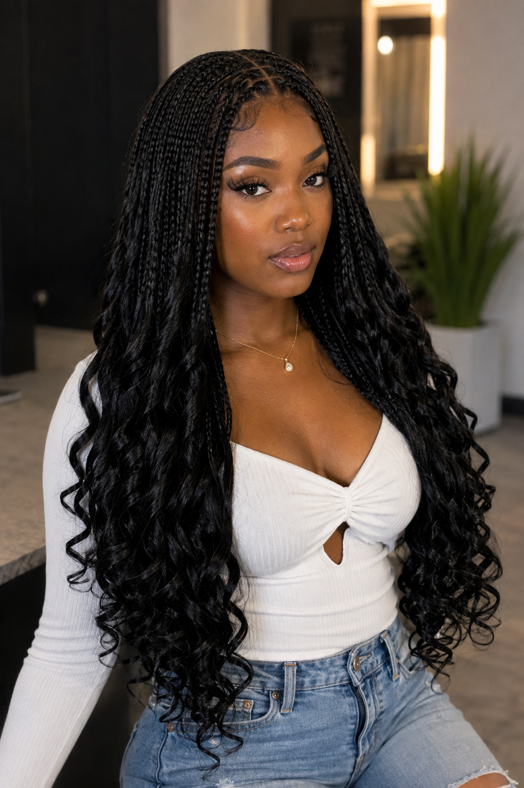 Styled look: long dark brown French curl knotless braids with loose curly ends