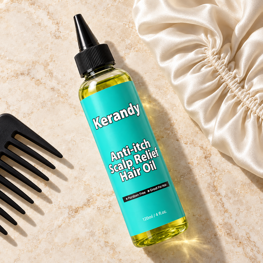 Kerandy anti-itch scalp oil for itchy braids next to a wide-tooth comb and satin bonnet