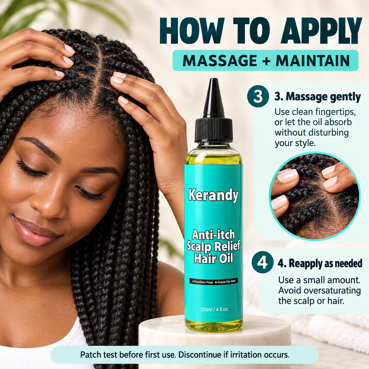 Woman with box braids massaging Kerandy scalp relief oil into an itchy scalp between braids