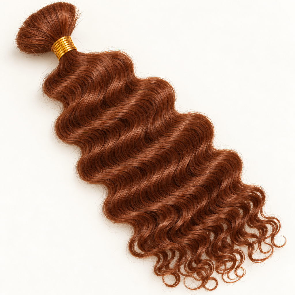 Single bundle of 30 auburn deep wave bulk hair with gold tie