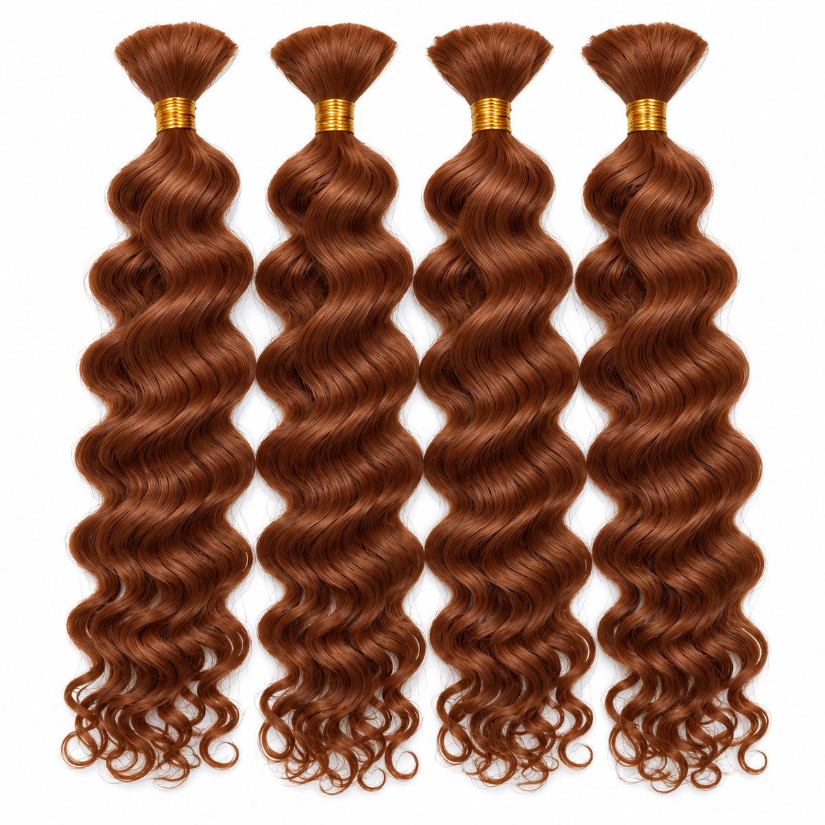 Four bundles of 30 auburn Queensky deep bulk boho hair with gold ties