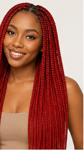 Model wearing long red box braids made with Outre X-Pression braiding hair