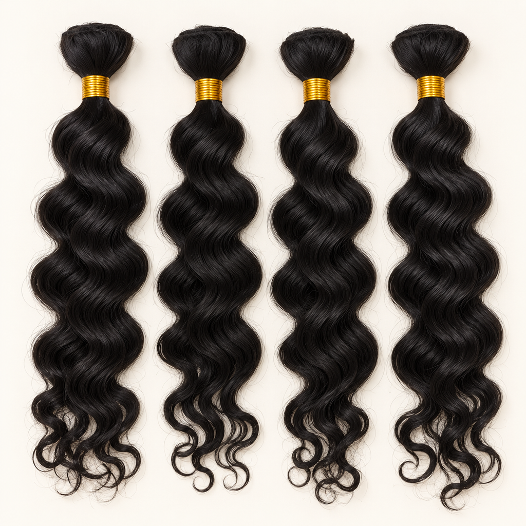 Four separate black wavy hair bundles with gold ties on ivory.