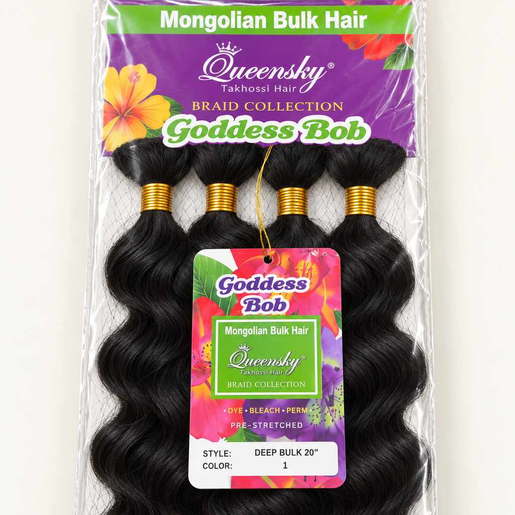 Package detail showing four gold ties and Goddess Bob Deep Bulk 20-inch color 1 label.