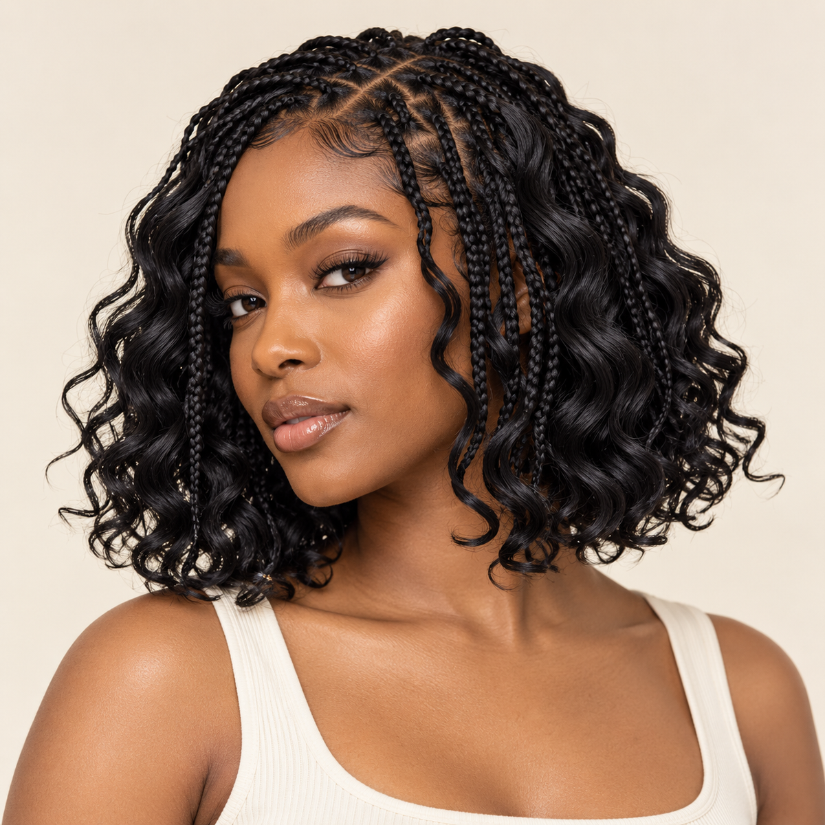 Illustrative hairstyle: Black woman wearing a short boho braided bob with loose black curls; results and quantity required vary.