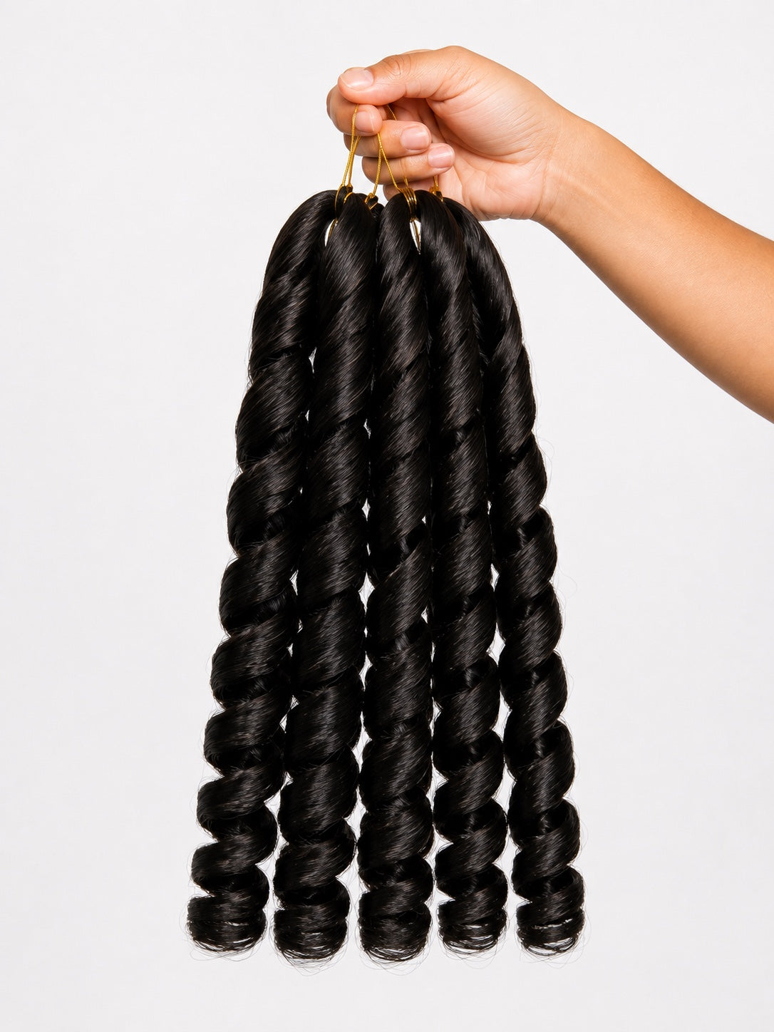 Hand holding Source Italy Curly 6X Crochet Braid 12 inch color 4 bundle