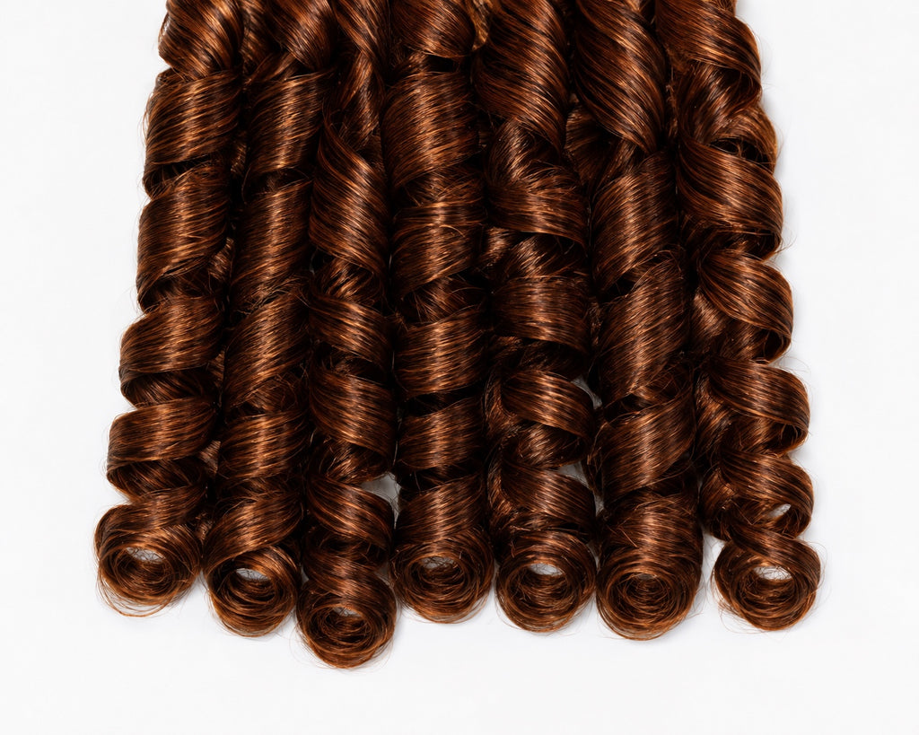 Close-up texture and curled ends of Source Italy Curly T30 crochet braid