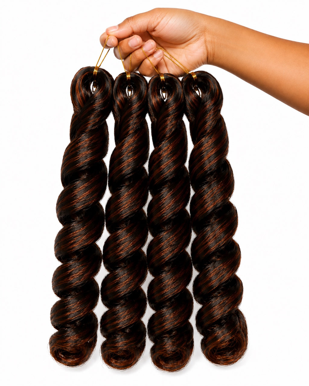 Hand holding four Source Italy Curly crochet braid bundles in color T350